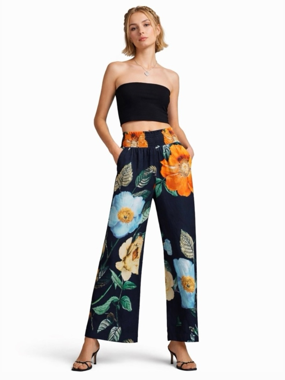 MAEVE Navy Wide-Leg Floral Pants with Orange & Light Blue Blooms
